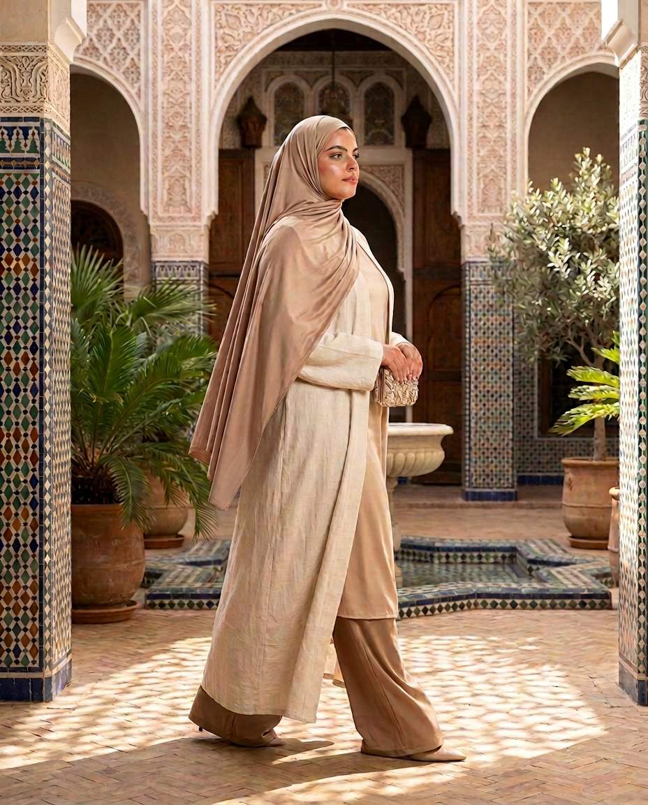 Safaa en hijab beige latte dans un riad
